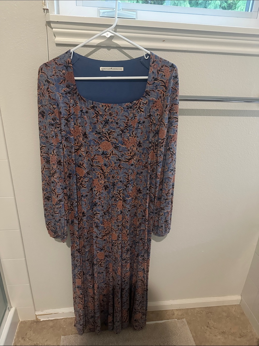Peruvian Connection Blue Floral Maxi Dress with Rust Accents